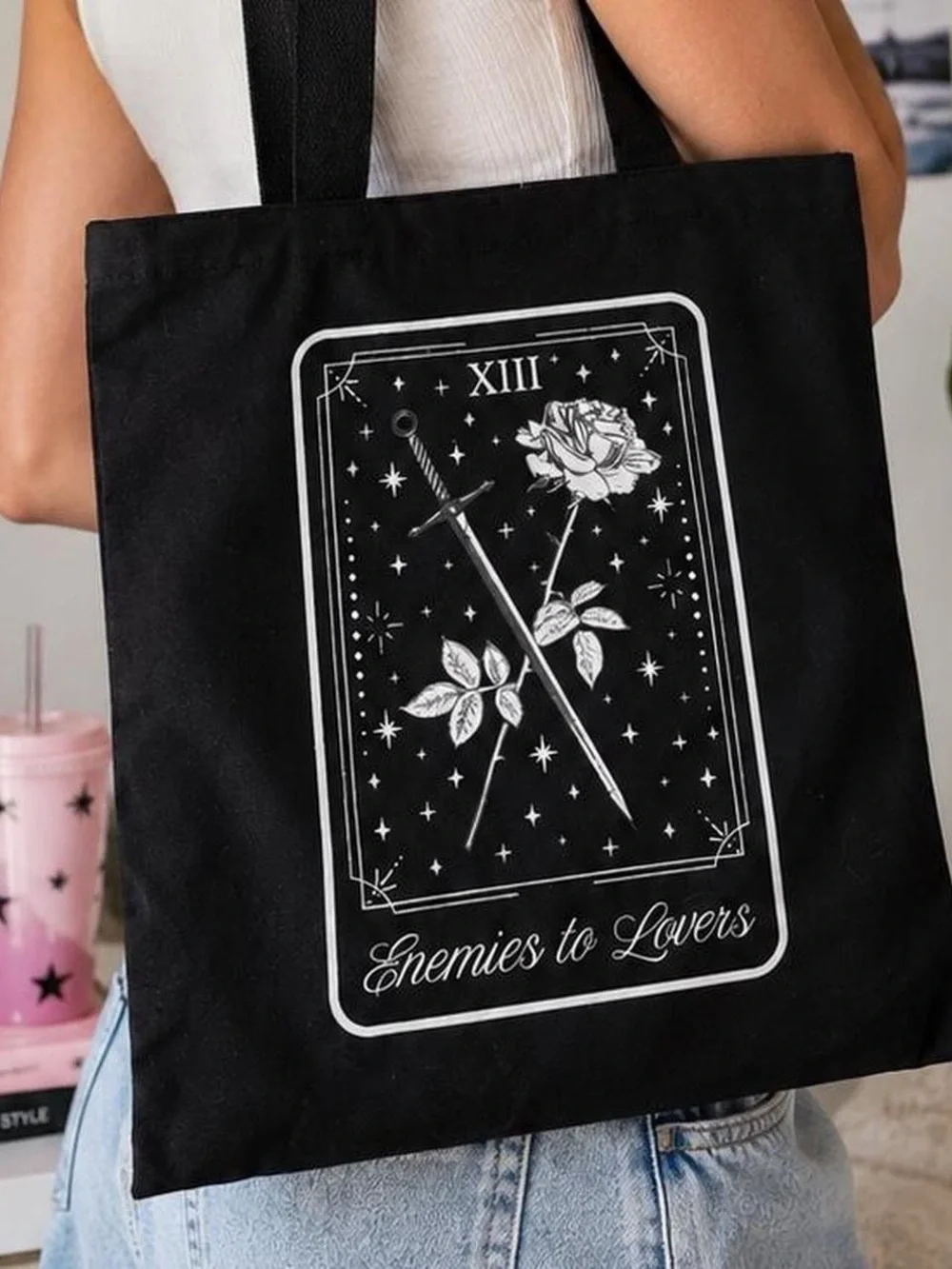 Enemies to Lovers Tarot Card Canvas Tote Bag | Bookish Gothic Shoulder Bag